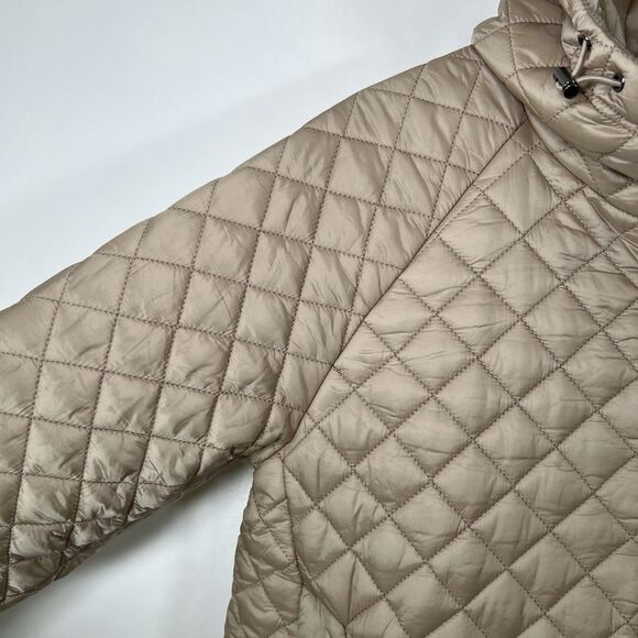 BCBG Maxazria Full Zip Quilted Puffer Jacket Womens Large Metallic Tan Hooded - Picture 4 of 16